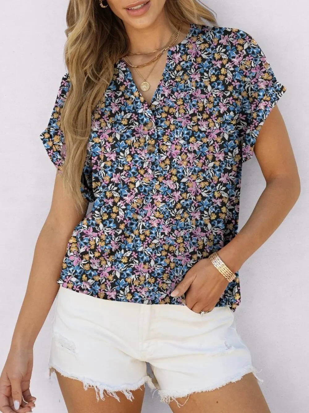 Women's Blue Purple Summer Short Sleeve Henley V Neck Dressy Fashion Top Blouses - Picture 4 of 6